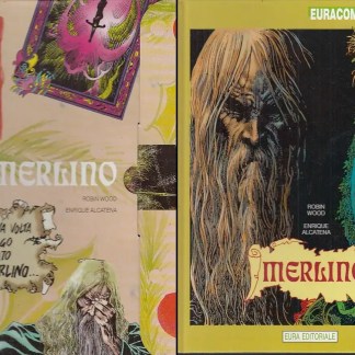 Copertina fumetto Merlino di Robin Wood e Enrique Alcatena, illustrazione di un antico mago con lunga barba e fiori colorati.