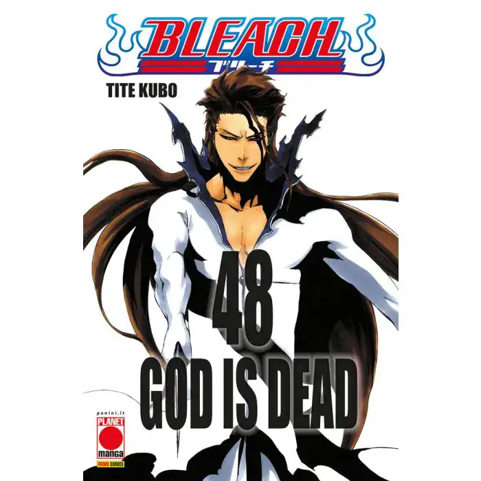 Illustrazione di Tite Kubo di Bleach con personaggio iconico e citazione "God is Dead".