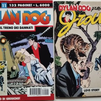 Fumetto Dylan Dog, scena drammatica con personaggi, cane nero e ambientazione urbana.
