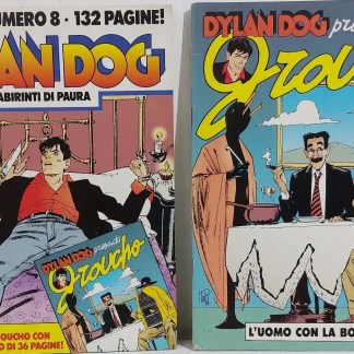 Illustrazione di Dylan Dog con personaggi iconici, atmosfere misteriose, copertina originale.