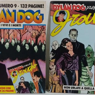 Illustrazione di Dylan Dog e personaggi misteriosi, scena tipica del fumetto horror italiano.