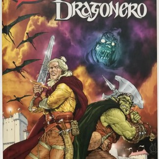 Illustrazione di guerrieri fantasy con draghi e castelli.