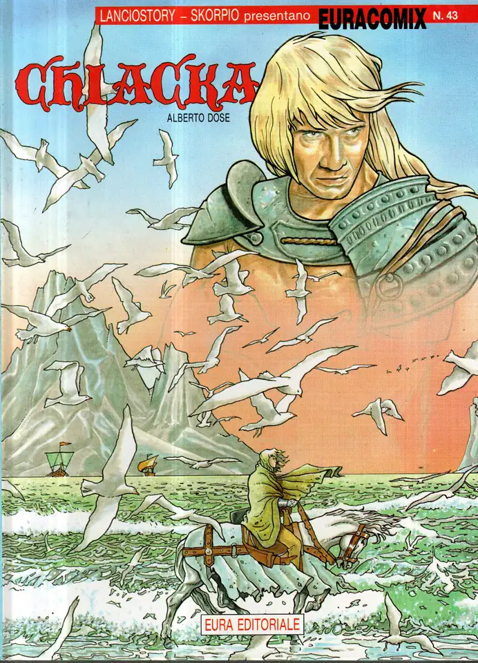 Pannello di fumetti con personaggio sul mare e oche.