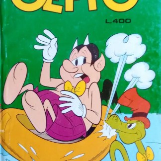 Immagine di Geppo in barca con animali verdi in stile cartone animato.