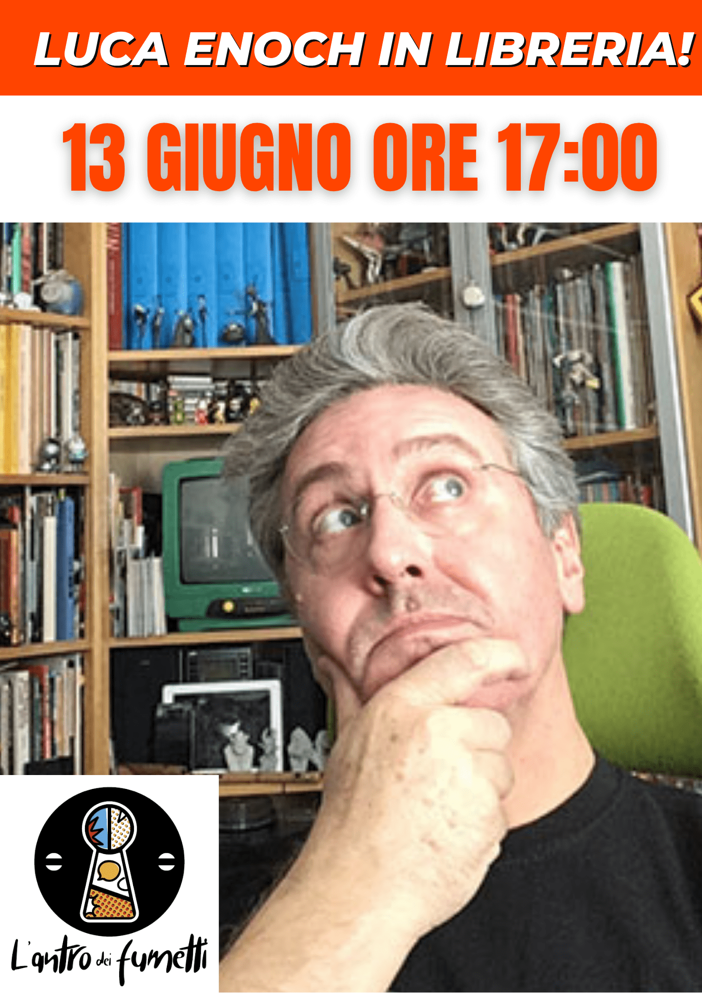 Foto di Luca Enoc pensieroso in libreria.