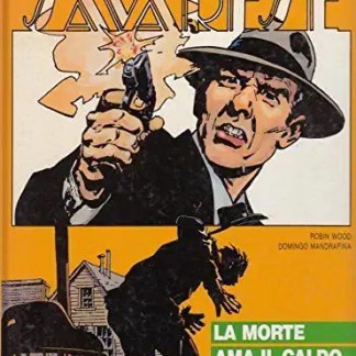Dettaglio di un personaggio di un fumetto vintage italiano, con pistola e espressione intensa.