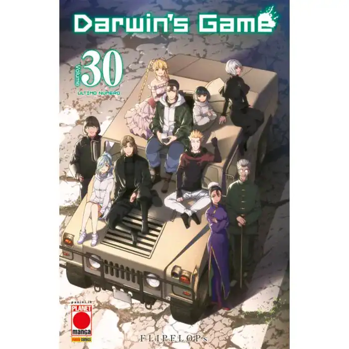 ALT: Copertina volume 30 di Darwins Game con personaggi su veicolo militare in ambientazione futuristica.