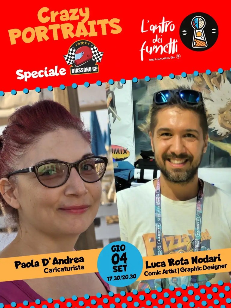 Caricature artist and comic artist event poster for Biassono GP, featuring profiles of Paola D’Andrea and Luca Rota on a vibrant background.