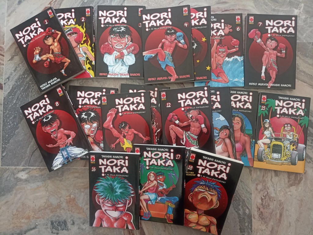 Copertine di fumetti Nori Taka con personaggi caricaturali e dinamici, stile manga italiano.