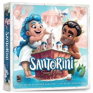 Gioco Santorini di società con personaggi mitologici, ambientazioni greche, ottimo per famiglie, seconda edizione, grafica di Gordon Hamilton.