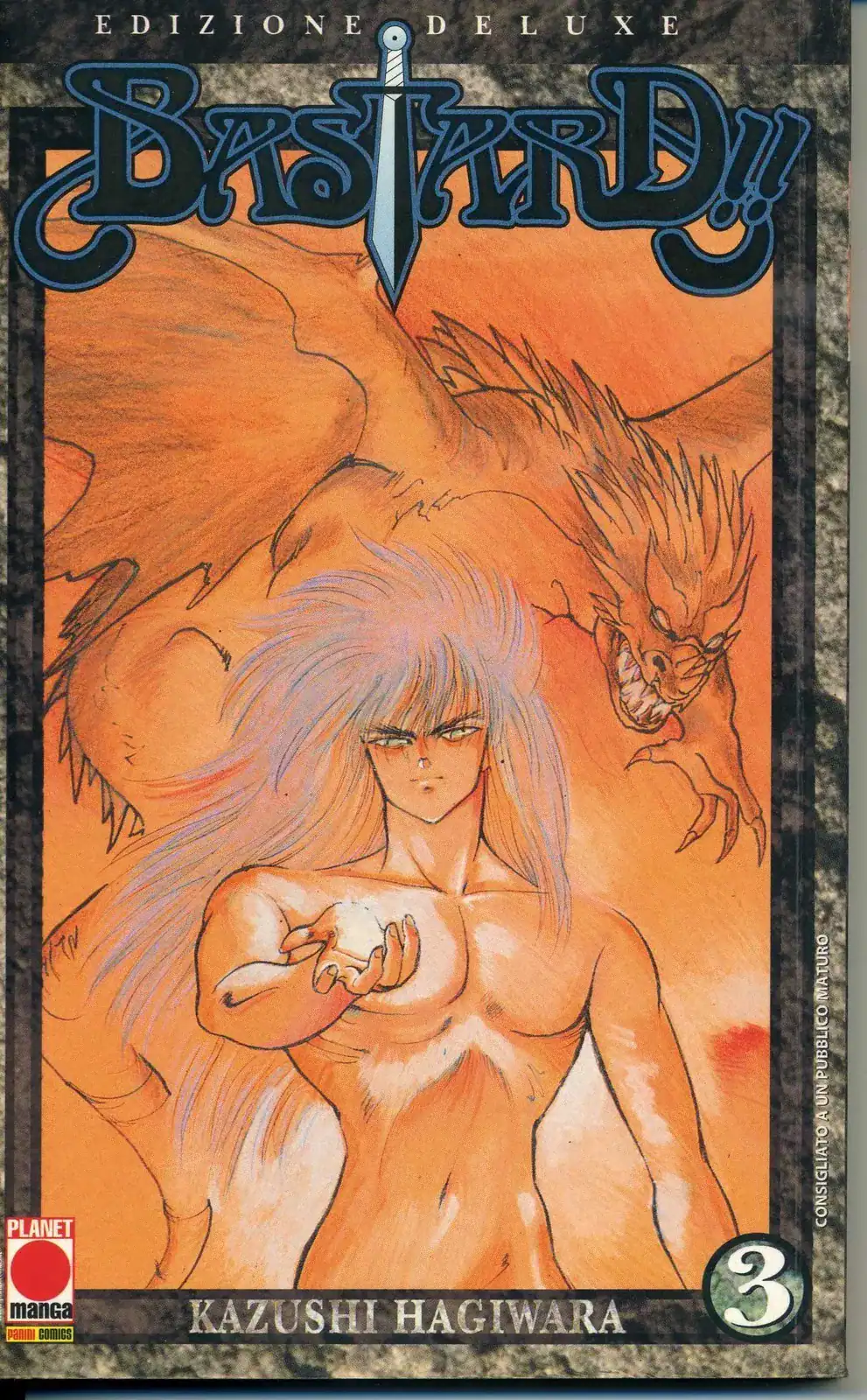 Illustrazione di un personaggio femminile con lupo e demone sullo sfondo.