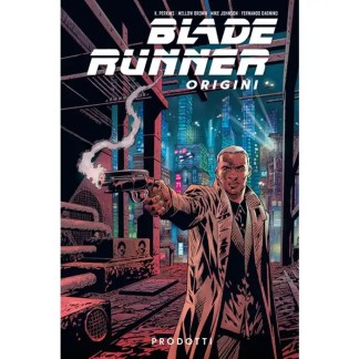 Fumetto Blade Runner Origini con scena futuristica e protagonista armato in città high-tech.