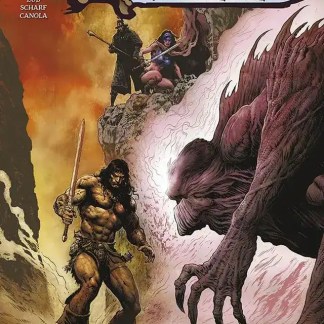 Copertina di Conan Il Barbaro sulle rocce, battaglia con creatura mostruosa, ambientazione fantasy dark.