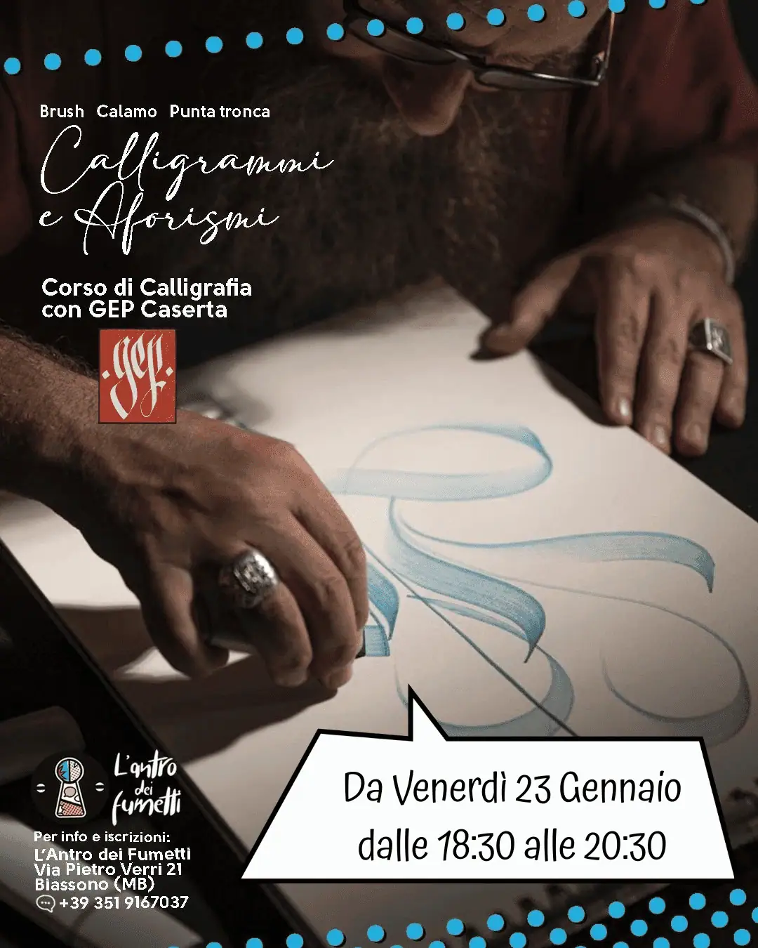 Corso di calligrafia con GEP Caserta, tecniche di lettering e penne punta tronca.