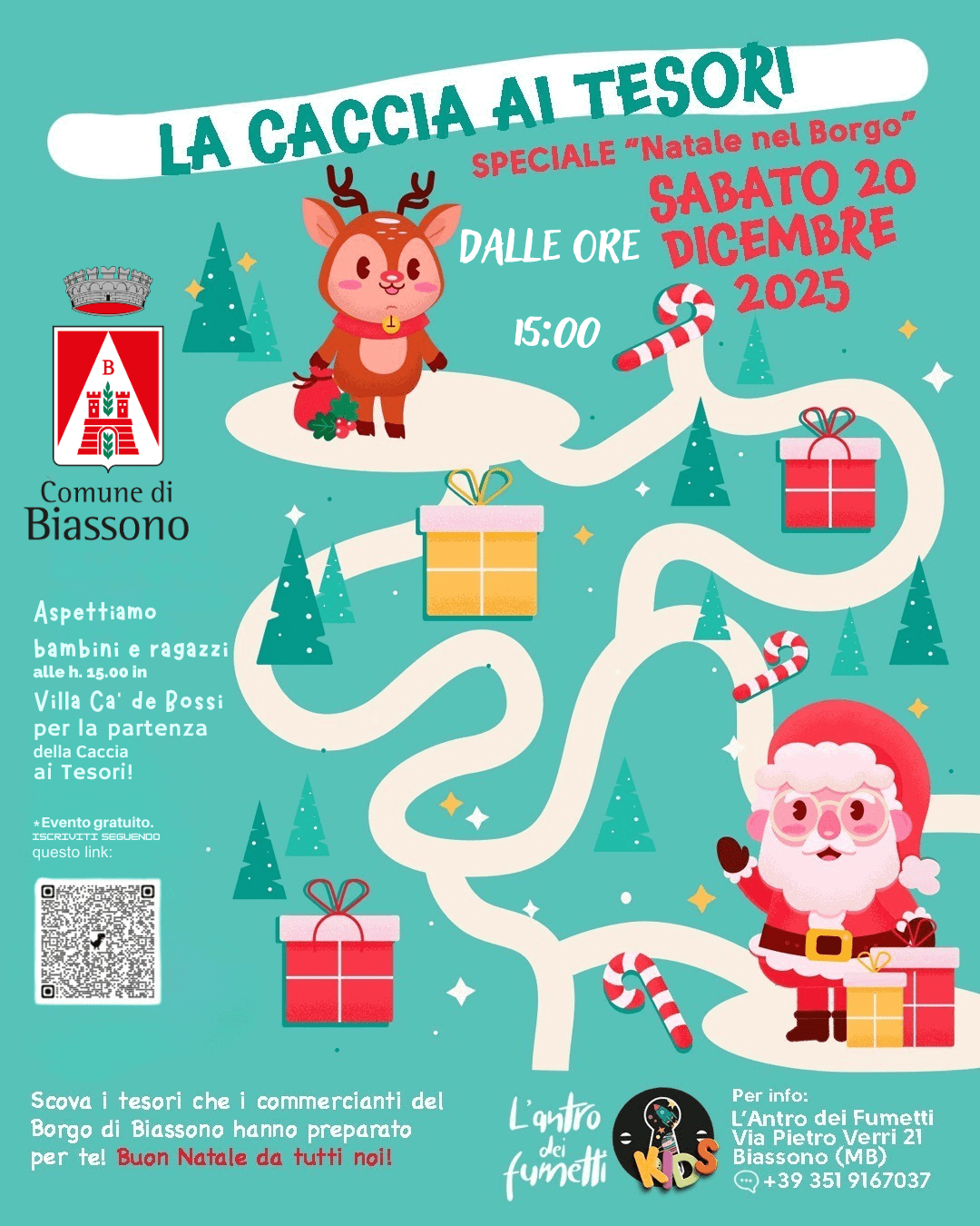 Carattere festivo con renna e regali per evento natalizio a Biassono.