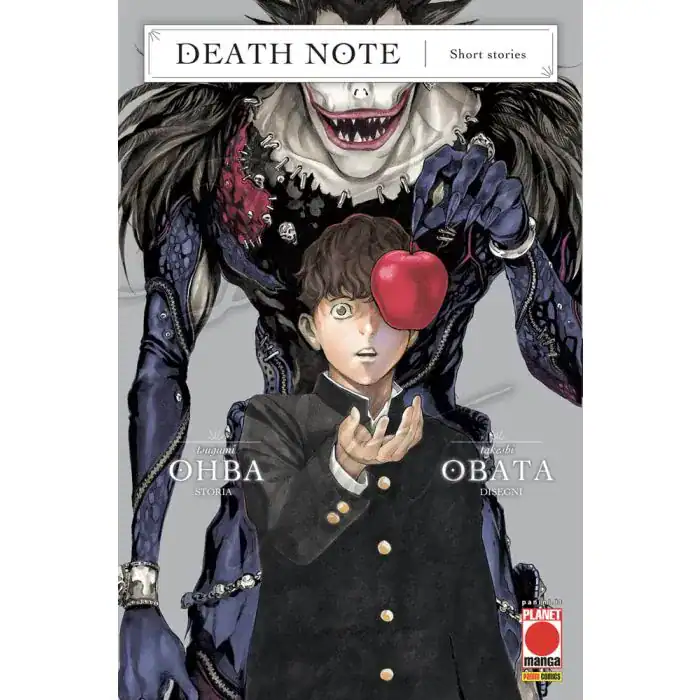 Alt: Copertina di Death Note, personaggio con mela rossa, atmosfera oscura.