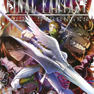 Illustrazione dinamica di personaggi di Final Fantasy con scene epiche e fantasy.