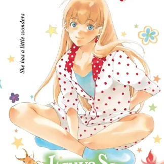 Ragazza con abiti a pois e farfalla colorata, stile manga, dettagli vivaci e accattivanti.