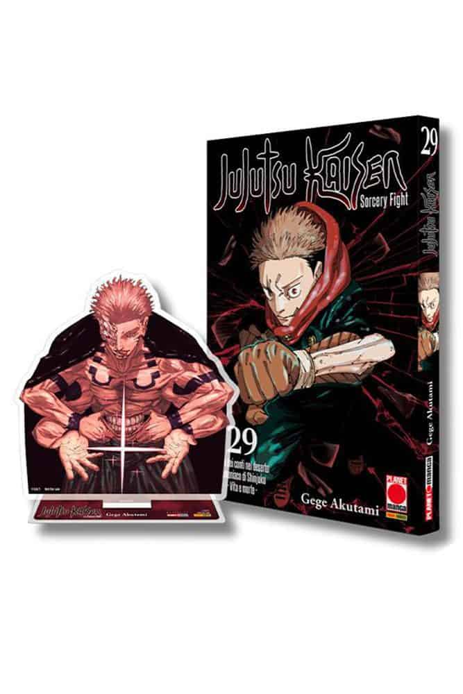 Stickers e manga Jujutsu Kaisen 29, collezioni di fumetti d'azione e lotta con personaggi come Gojo e Yuji.