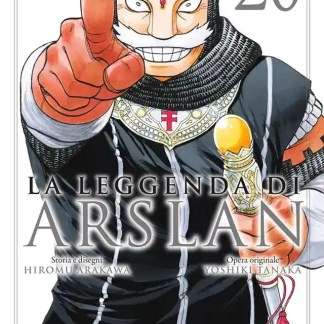 Illustrazione di Arslan in stile manga con guerriero e simboli storici.