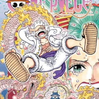 Copertina manga One Piece, stile manga, arte fantasy con personaggi e draghi.