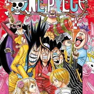 Cover One Piece manga, personaggi principali, scena colorata e dinamica, stile cartone animato, illustrazione originale.