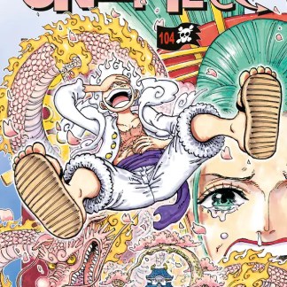 Illustrazione di One Piece by Eiichiro Oda mostra personaggi e draghi mitici.