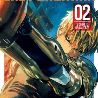 Copertina di manga One Punch Man con protagonista con gonna arrabbiato e sfondo dinamico.