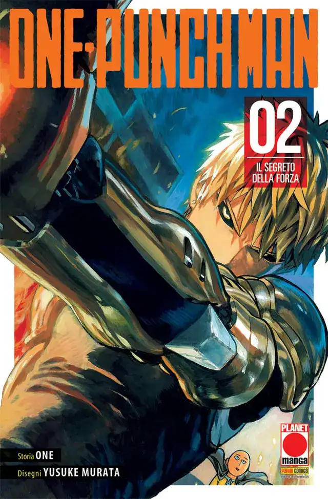 Copertina di manga One Punch Man con protagonista con gonna arrabbiato e sfondo dinamico.