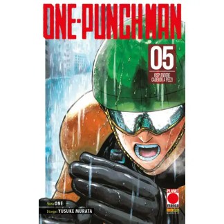 Copertina di One Punch Man manga 5, protagonista in azione con pioggia e casco verde.