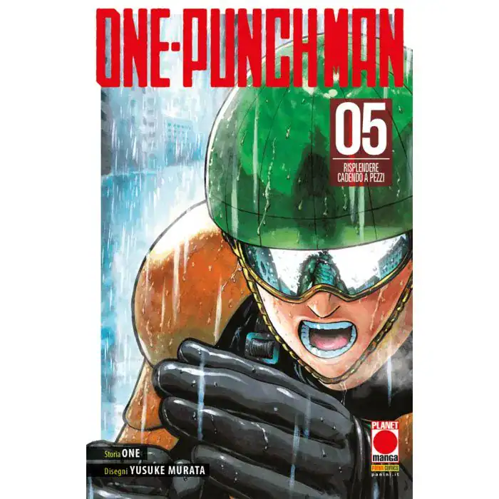 Copertina di One Punch Man manga 5, protagonista in azione con pioggia e casco verde.