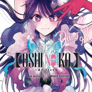 Personaggio manga con capelli viola e accessori magici.