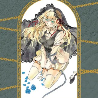 Ragazza manga in abito scolastico, con ombrello, catene e rose blu, stile anime.