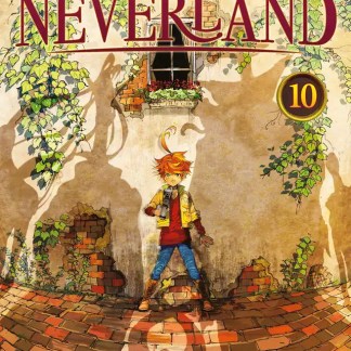 Copertina manga Promised Neverland vol 10, ragazzo con cappotto e capelli rossi, ambientazione urbana.