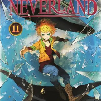 Copertina manga The Promised Neverland, giovane protagonista con capelli biondi, in azione tra vetri rotti.