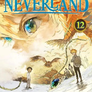 Immagine di copertina del volume 12 del manga Promised Neverland, con due ragazzi e uccelli in un paesaggio fantastico.