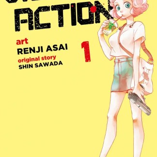 Illustrazione di ragazza con pistola e drink, stile manga giapponese, copertina fumetto vietato.