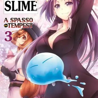 Illustrazione di due personaggi anime con slime blu e ambientazione magica.