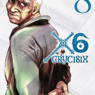 Ritratto di un uomo anziano in stile manga, in evidenza la copertina del volume 6/8 di CRUCISX.