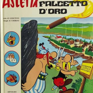 Fumetto di Asterisk e Falco d'oro di Uderzo, scena con personaggi di Asterix in stile classico.
