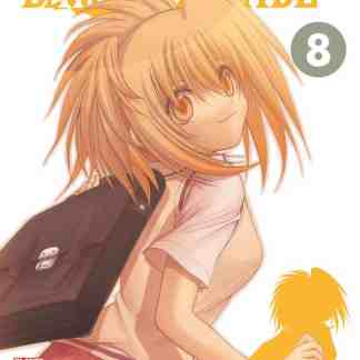 Manga bambola anime in stile giapponese fanciulla sorridente con borsa; copertina volume 8.