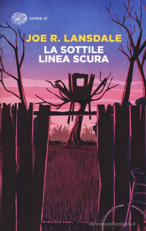 Illustrazione di copertina notturna e suggestiva di un albero e recinzione in stile silhouette.