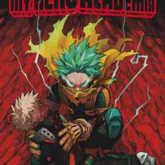 Copertina manga My Hero Academia, personaggi in azione con poteri e superpoteri.