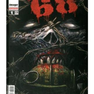 Alt: Copertina del fumetto 68 con un volto spaventoso e dettagli dark, molto horror e thriller.