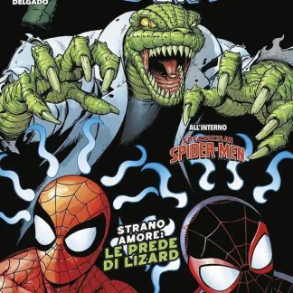 Alt: Copertina di fumetto Spider-Man Marvel, con lizard gigante e Spider-Man bambino.