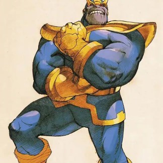 Dettaglio di Thanos, personaggio Marvel, disegno originale fumetto.