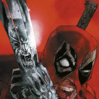 Maschera Deadpool e spada luminosa stile fumetto in rosso e nero.