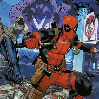 Immagine di Deadpool in vivace battaglia con dettagli di Batman e Deadpool.