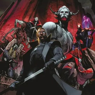 Copertina di Blood Hunt Marvel, personaggi brutali e mostri dark fantasy.