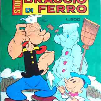 Fumetto di Braccio di Ferro con protagonista il marinaio, in stile classico, con amici in scena.